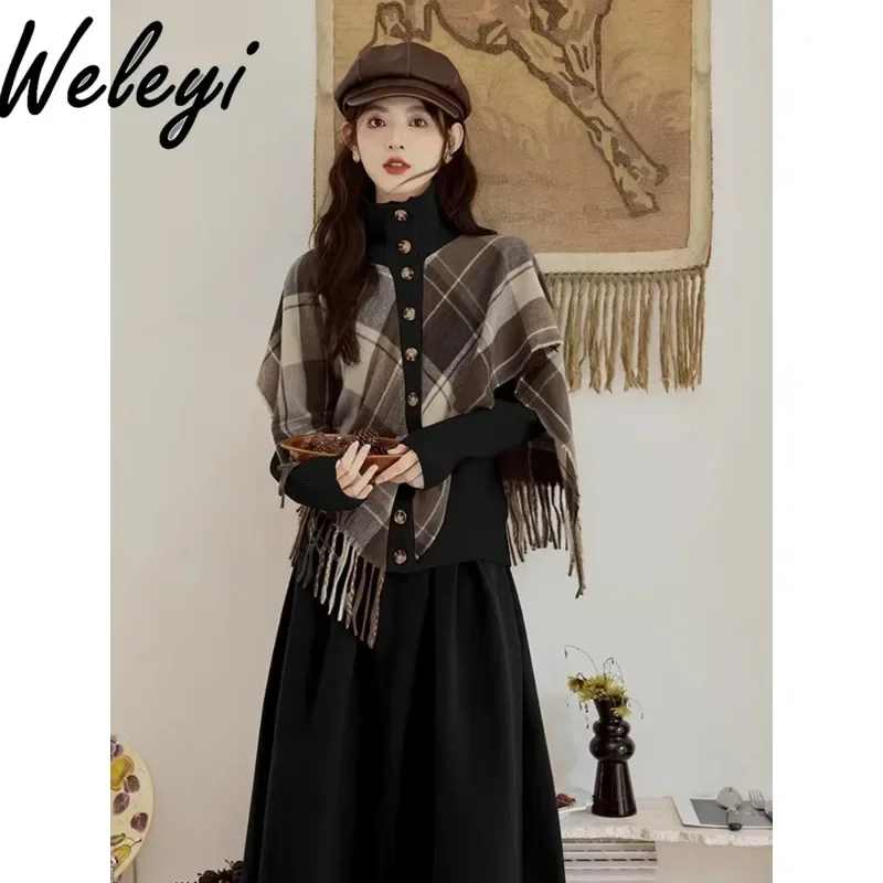 

Beautiful Autumn Skirts Set Female Unique 2024 New High-end Women Fringed Sweater Shawl Mid-length Skirts Female Two-piece Set