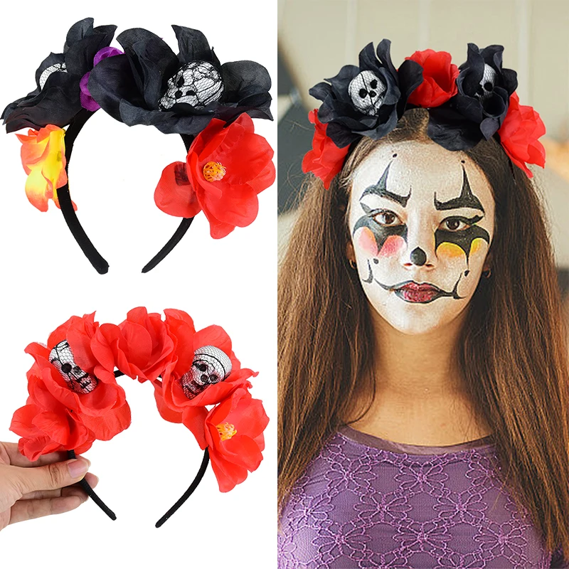 

Halloween Skull Head Headband Rose Flower Crown Halloween Hair Band Halloween Party Decoration Headwear Accessorie Girls Gift