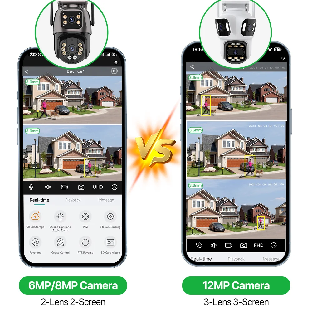 Tre obiettivi Tre schermi IP 12MP Telecamera WiFi Esterna Doppia lente Auto Track Sicurezza PTZ 8MP HD Telecamera iCsee Video sorveglianza