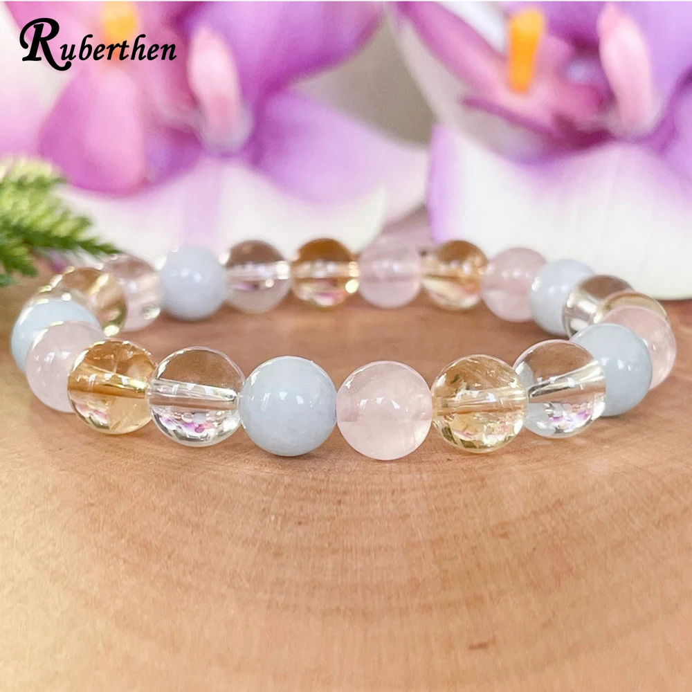 Ruberthen Libra Zodiac Gemstone Bracelet Aquamarine Rose Quartz Citrine Clear Quartz Healing Crystals Jewelry October Birthstone