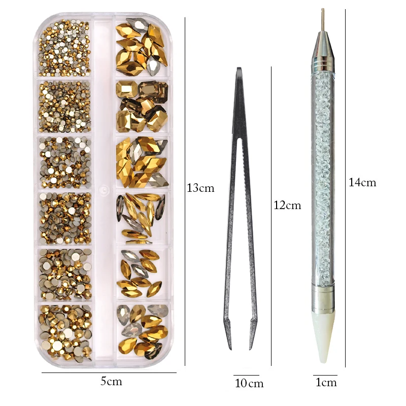 

12Girds Box With Tool Multi Size A/BColorful Non Hotfix Rhinestones Flatback Glitter Crystal For Nail Art Luxurious Decorations