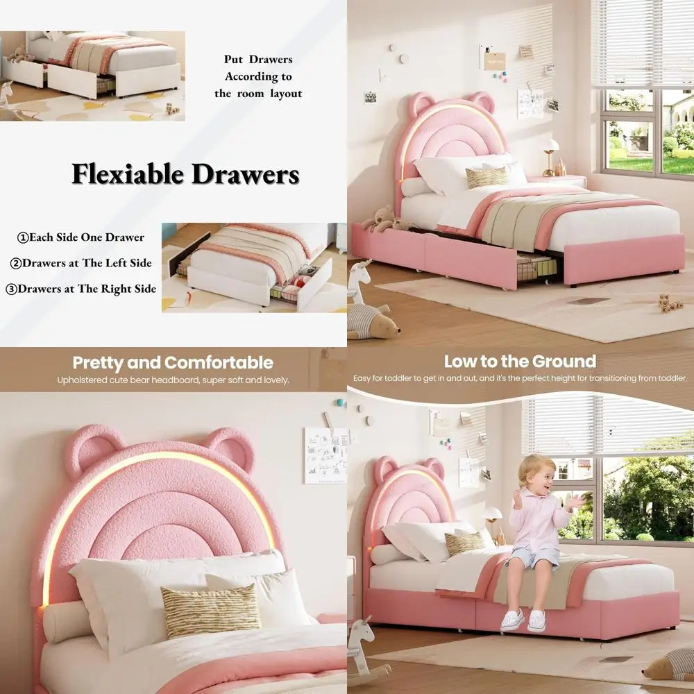 

Twin Size Velvet Platform Bed with 2 Storage Drawers, LED Lights, Rainbow Headboard for Kids/Girls, Solid Wood Slats, No Box Spr