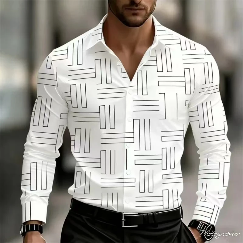 Men's Casual Striped Geometric Pattern, Men's Long Sleeved Shirt, Comfortable Collar Design, Lightweight and Breathable