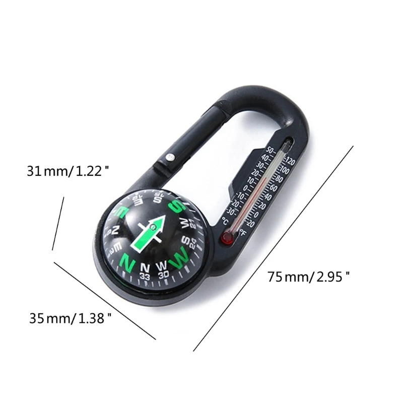 Mini Compass Carabiner Clip Convenient Outdoor Survival Tool with Built in Thermometer Pocket-Sized Waterproof keychain Y08E