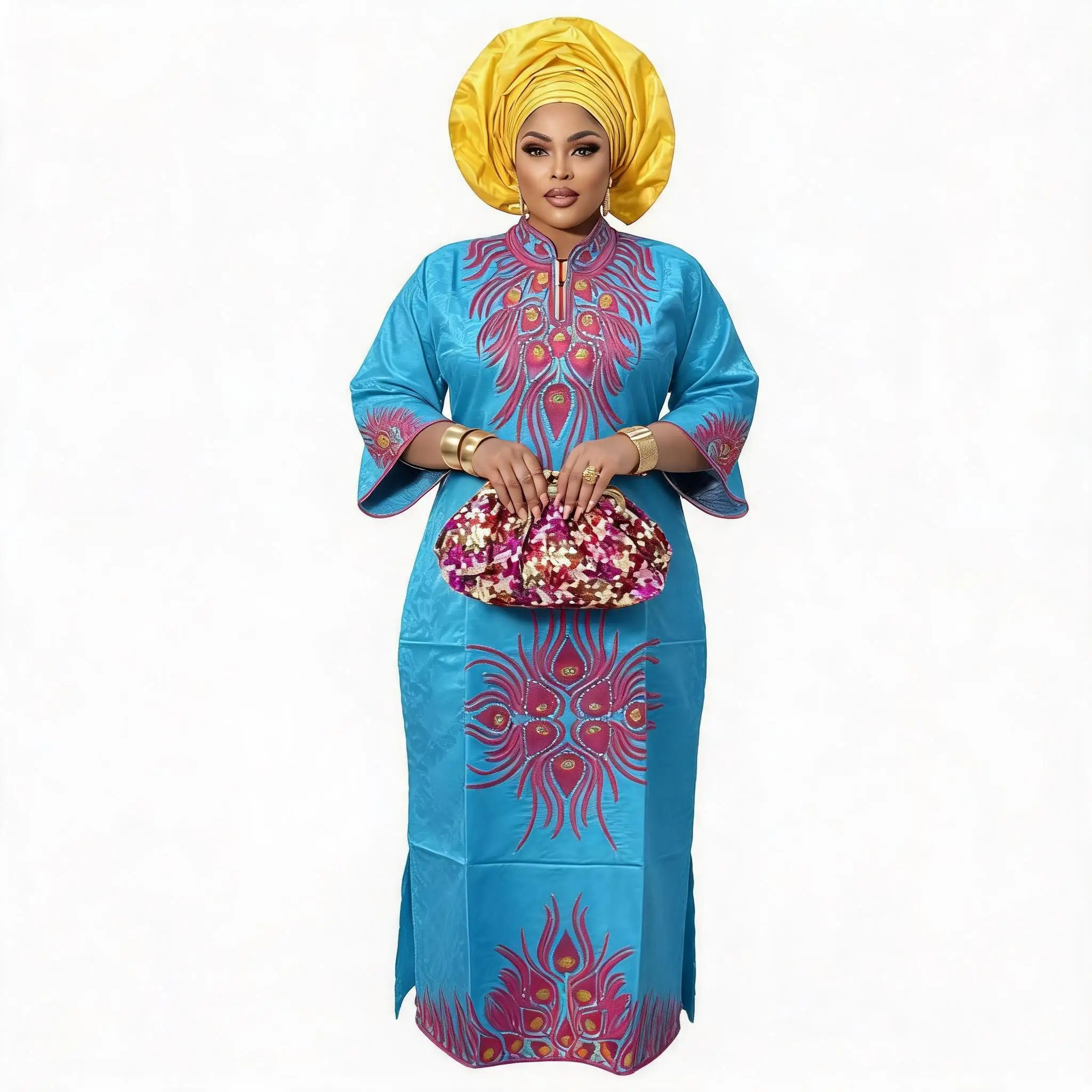 African Dresses For Women Plus Size Bazin Riche Embroidery Design Long Dress With Scarf