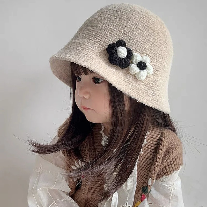 

Winter Children Woolen Fisherman Hat Cute Knitted Flower Basin Cap 2-6year Baby Girl Outdoor Sun Visors Solid Warm Bowl Hats 모자