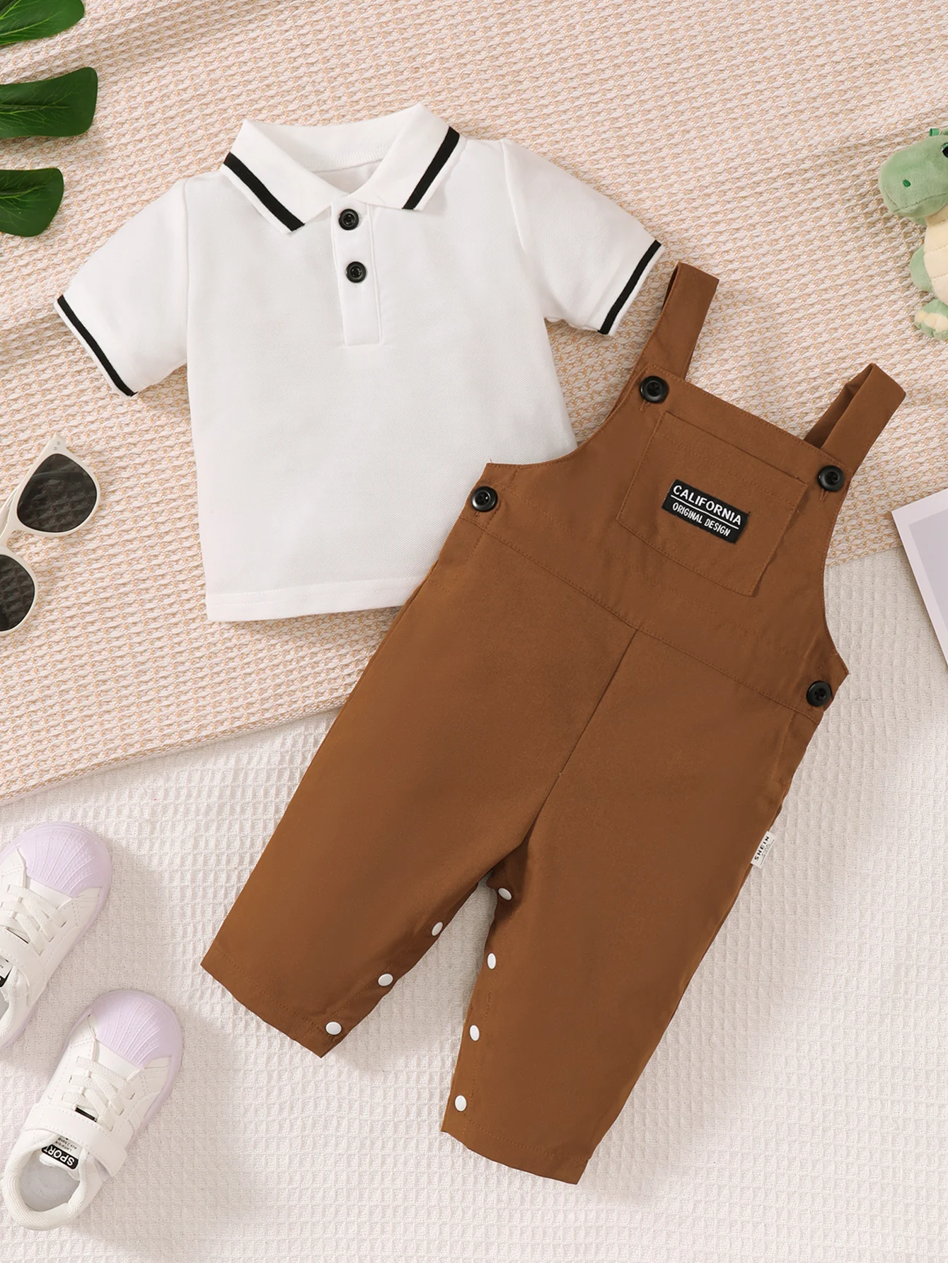 

Casual Style 3-36m Gentleman Boys Children Fashion Two-Piece White Short-Sleeved Polo Shirt Brown Trousers Type Overhauls Summer