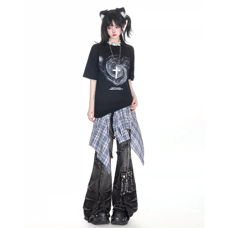 Women's Y2k Baggy Flare Jeans Harajuku 2000s Style Patchwork Denim Trouser High Street Vintage Oversize Cargo Jeans Pants