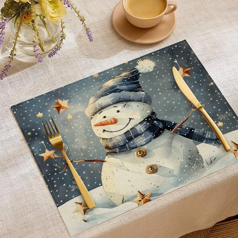 VIKAMA Linen Placemats Santa Bear Starry Night, Green Gold Red, Stain Resistant Easy to Clean, Dining Table Holiday