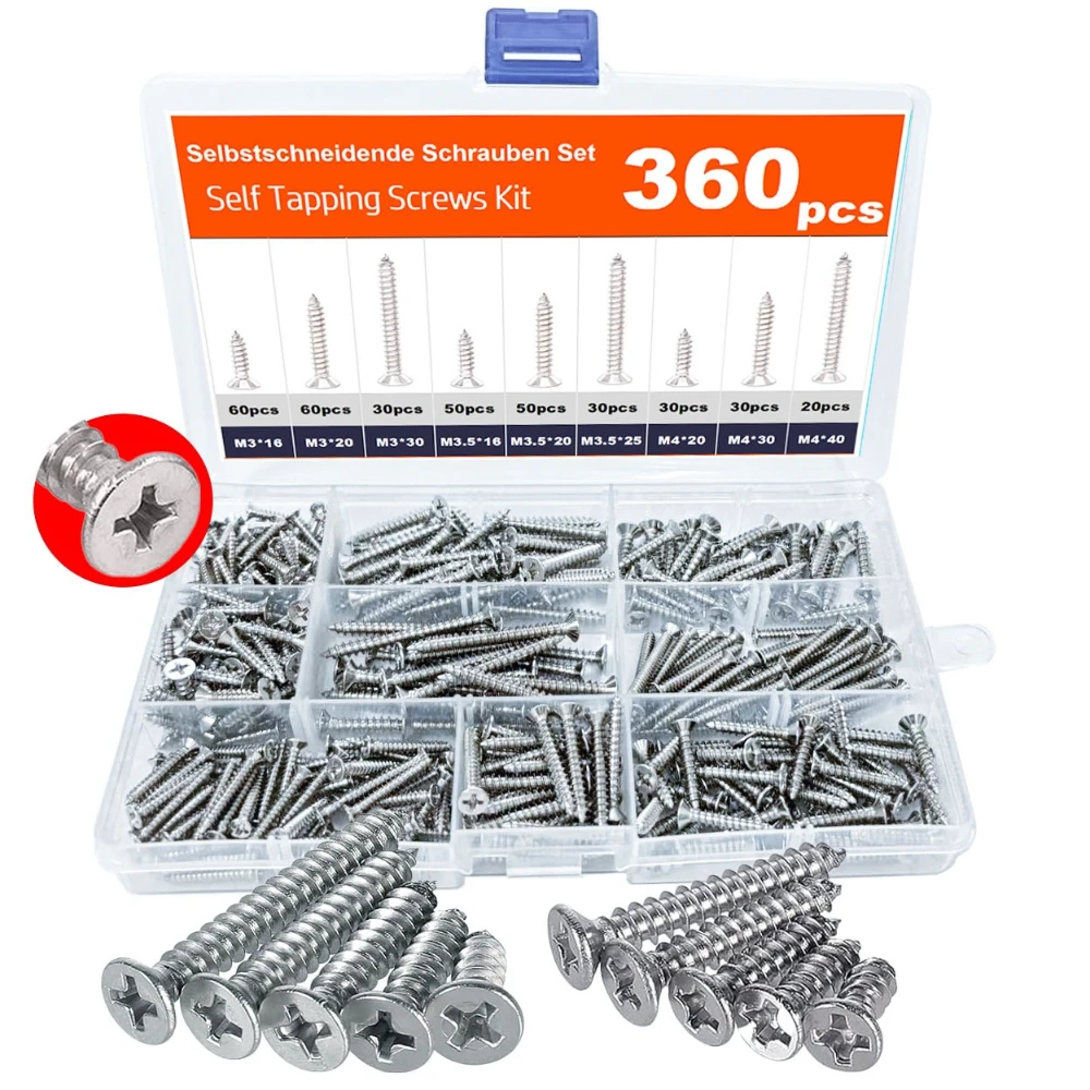360PCS Self-Tapping Wood Screws Set - M3/M3.5/M4*16/20/25/30/40 Phillips Flat Countersunk Head Alloy Steel Screw for Woodworking