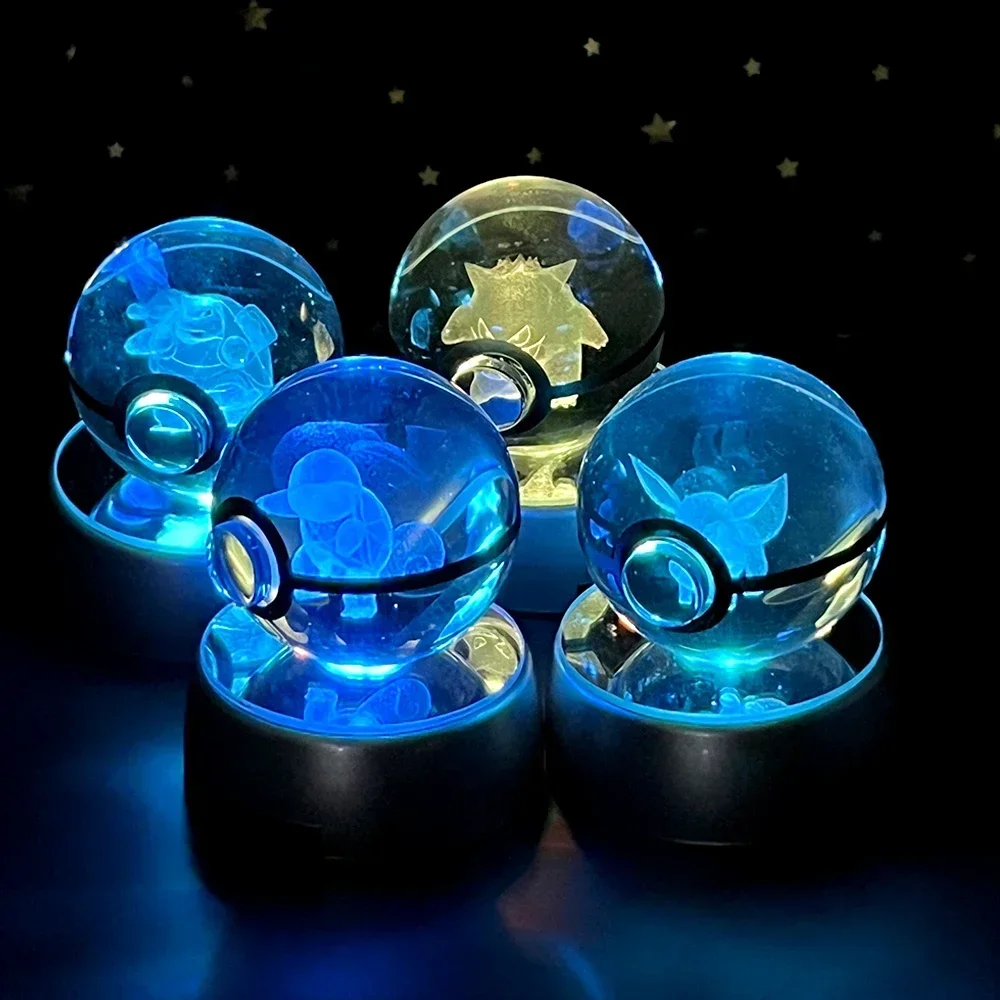 

3D Pokemon Crystal Ball 5CM Mewtwo Pikachu Gengar Crystal Glass Pokemon Ball Pokeball Figure Night Light LED Lamp Base Gift