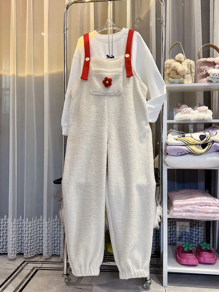 Spodnie damskie plus size z jagnięcej skóry, modne zimowe spodnie z wysokim stanem, proste nogawki, ocieplane długie spodnie, słodki styl.