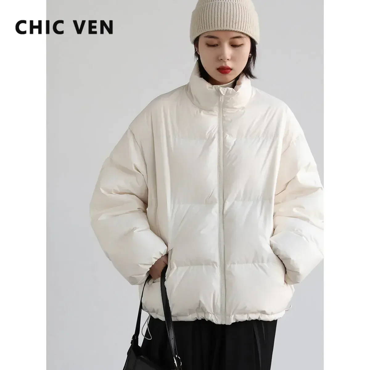 Chic Ven Fashion Damesbrood Donsjack Kort 90 Witte Eendendendons Dikke Warme Donsjas Voor Dames 2024 Winter Losse Overjas