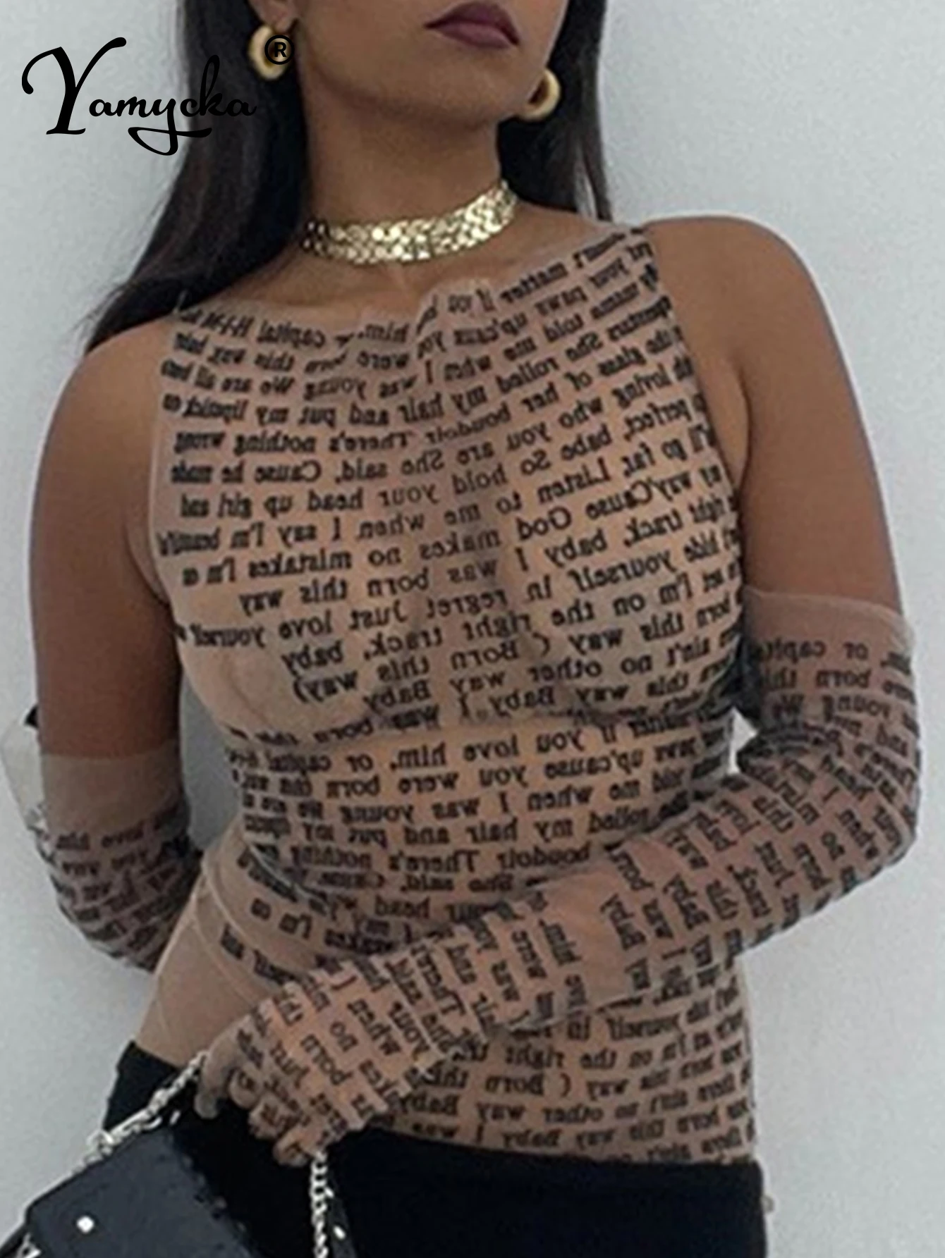 Sexy see through letter print crop top summer y2k top women clothes long sleeve tees cropped tops camisas tshirt womans clothing