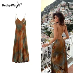 Sexy Print Maxi Dress Women Summer Satin Backless Sleeveless Bodycon Elegant V-neck Party Dresses Female Holiday Robe WF342