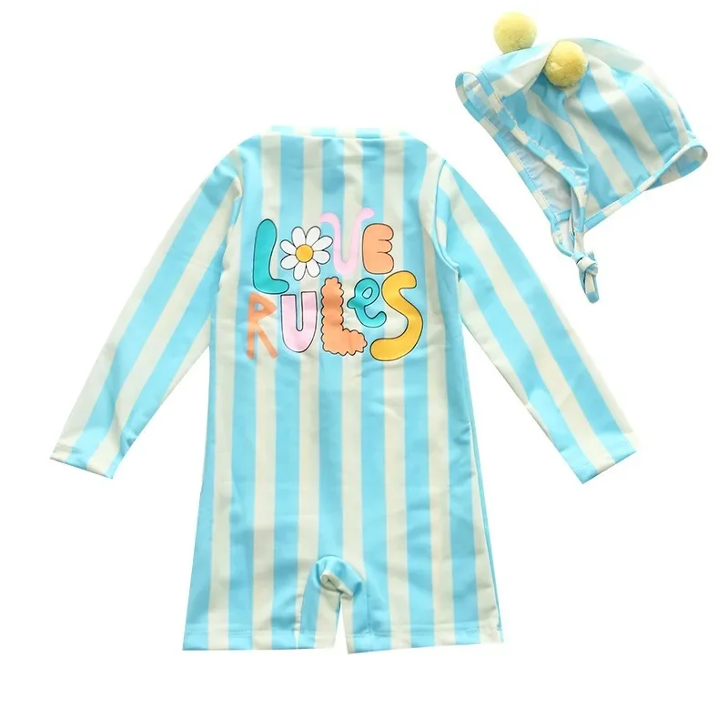 Baby girl swimwear   costume boys and girls summer 2024 new one-piece cute baby long-sleeved swimsuit sunscreen quick dry