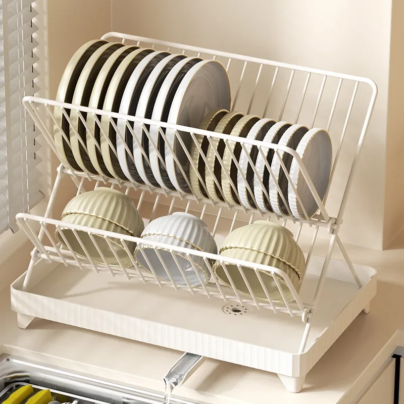 X-Shape 2 Tier Dish Drainer Foldable Dish Drying Rack Countertop Bow Plate Drying Rack Kitchen Tableware Holder Drying Shelf