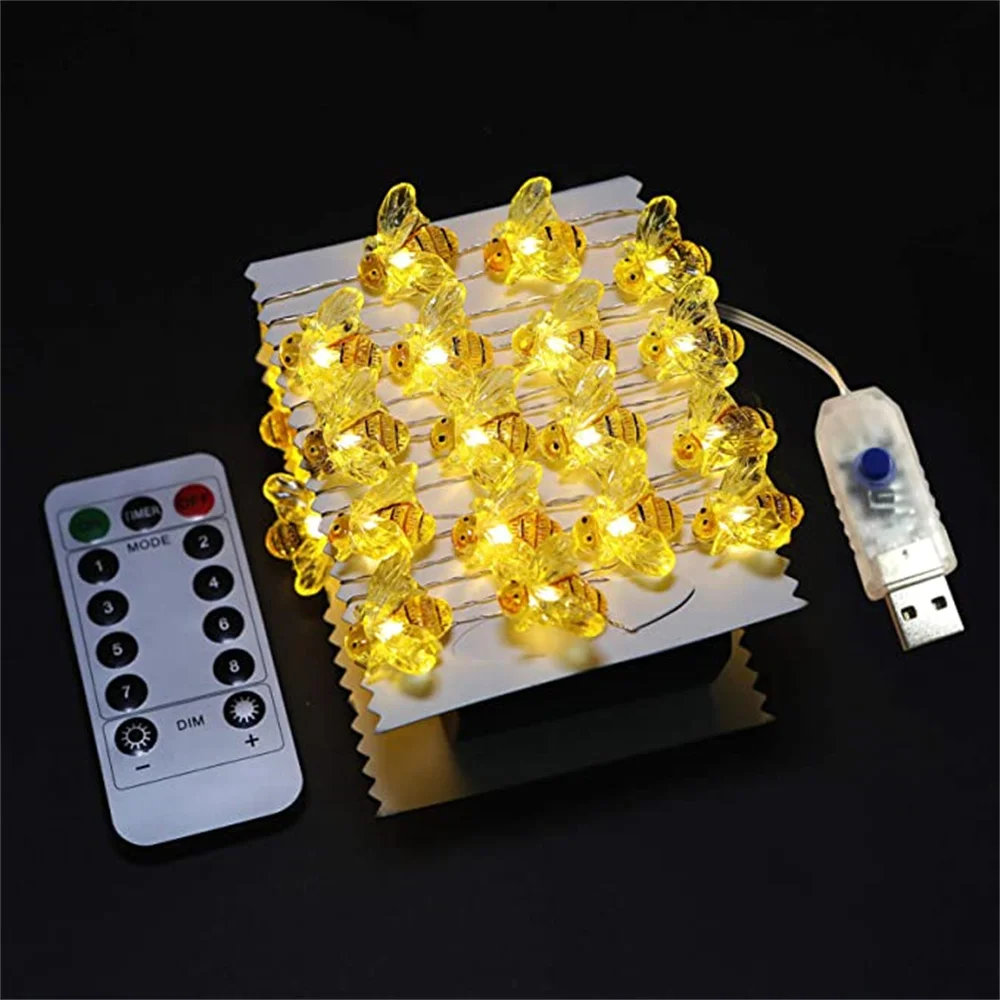 8 Modes 40LED Bee String Lights USB/Battery Powered with Remote Control Waterproof Garland Lamp for Party Decor Fence Patio