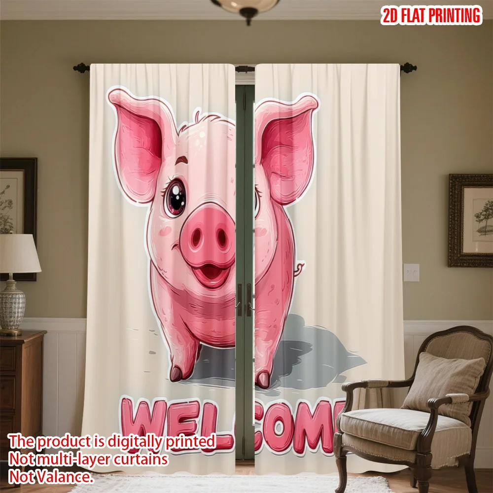 

2D flat printing 2pcs Window Curtains Adorable Pig Welcome Digital Printed Polyester Drapes Festive Curtains Use for Outdoor