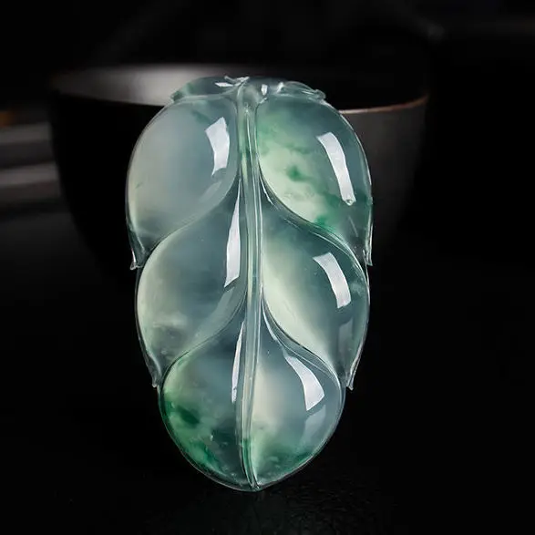 

Natural Myanmar A Jadeite carved leaves Necklace Pendant Women Men successful career Genuine Stone Charms Amulet Gifts