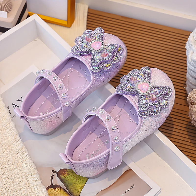 Girls Mary Jane Flat Shoes, Sparkly Glitter Princess Dress Shoes Bow Rhinestone, Toddler Little Girls Party Wedding Ballet Flats