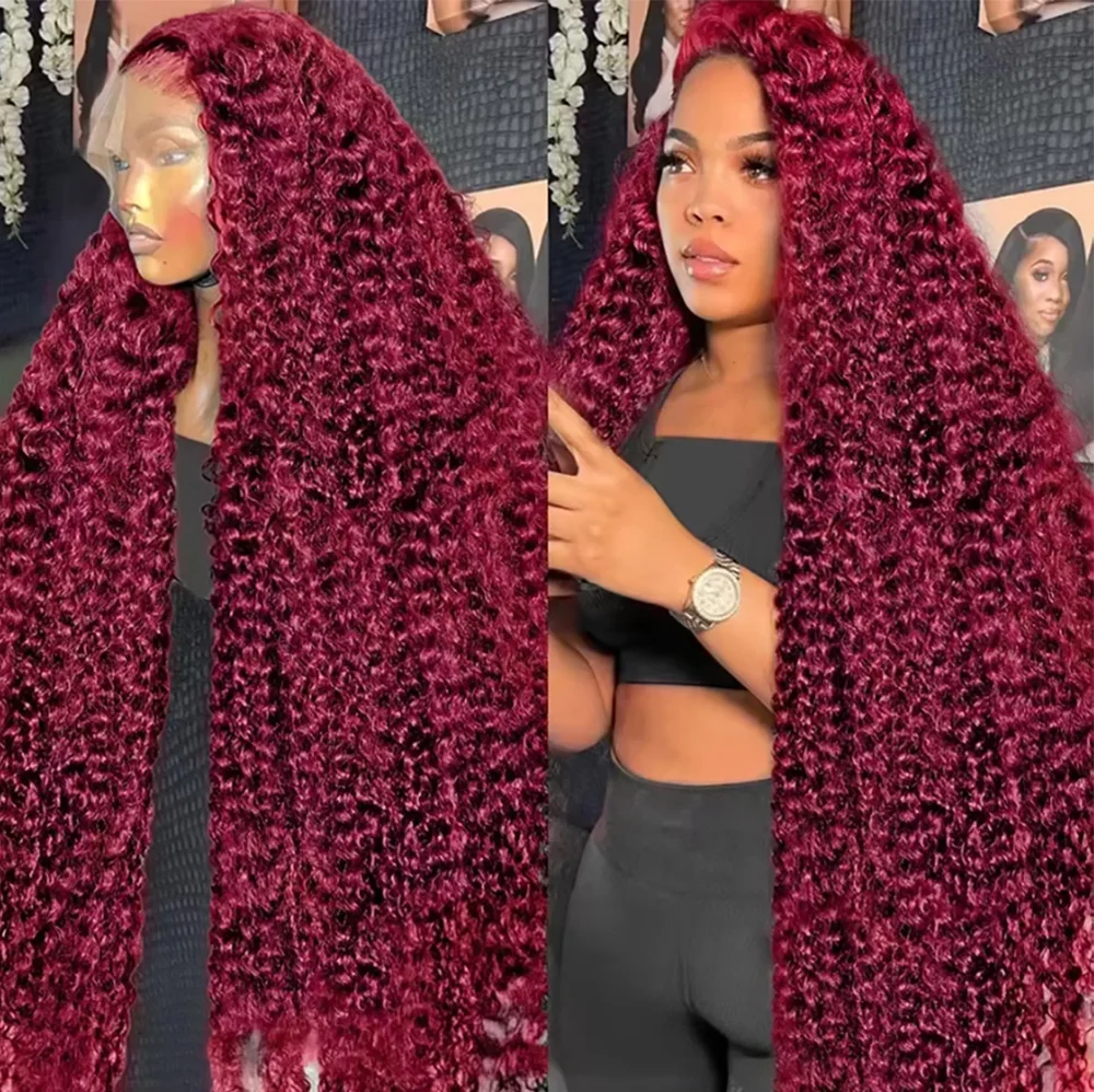 99j Deep Wave 13x6 HD Lace Frontal Wig Human Hair Transparent Burgundy Front Wigs Colored 100% Human Hair Wigs 200 Density