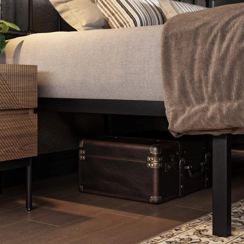 Size Metal Platform Bed Frame with Victorian Style Wrought Iron-Art Headboard/Footboard, No Box Spring Required, B