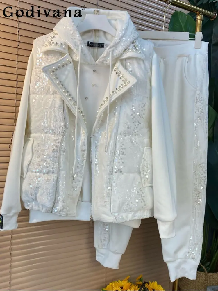 Invierno europeo de talla grande para mujer, sudadera con lentejuelas y cuentas, pantalones, chaleco de felpa, conjuntos de tres piezas, Tops con capucha de industria pesada