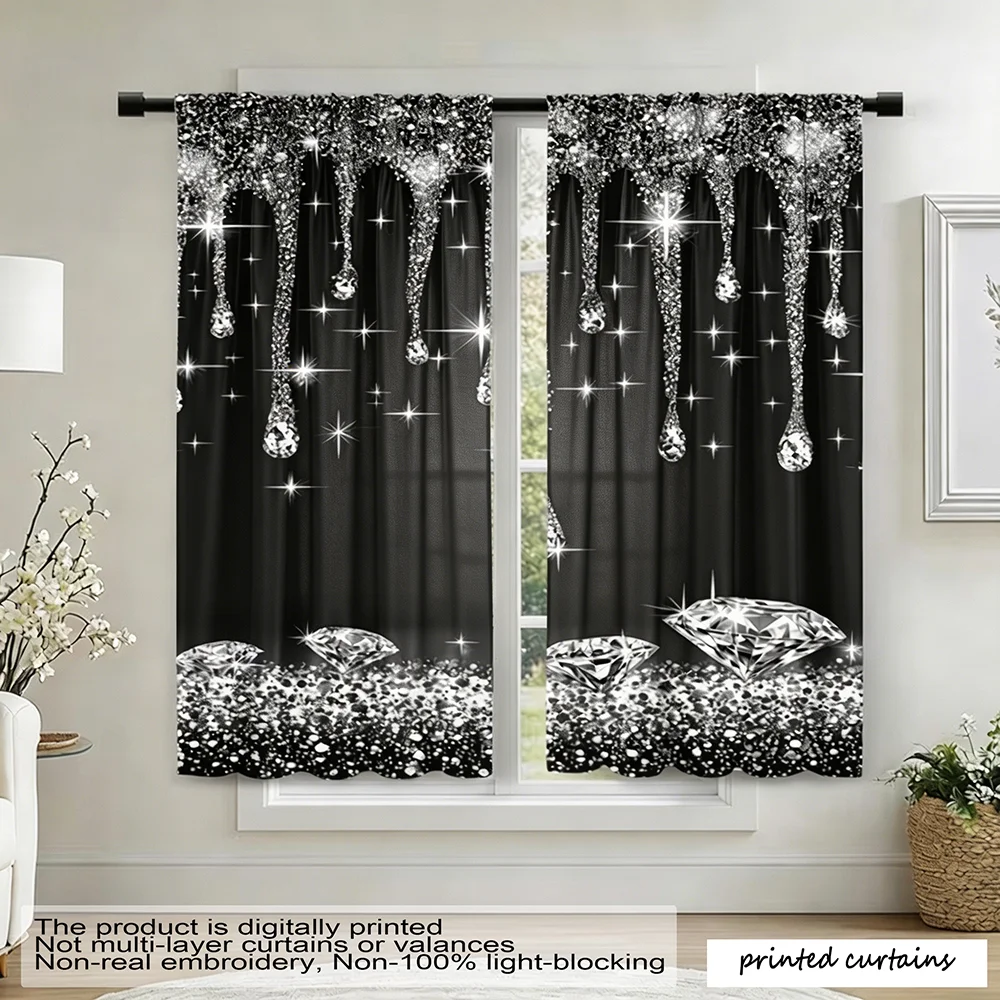 2PCS, black & silver, printed with teardrop-shaped diamonds and starlight patterns, luxurious and glamorous style, flat printed