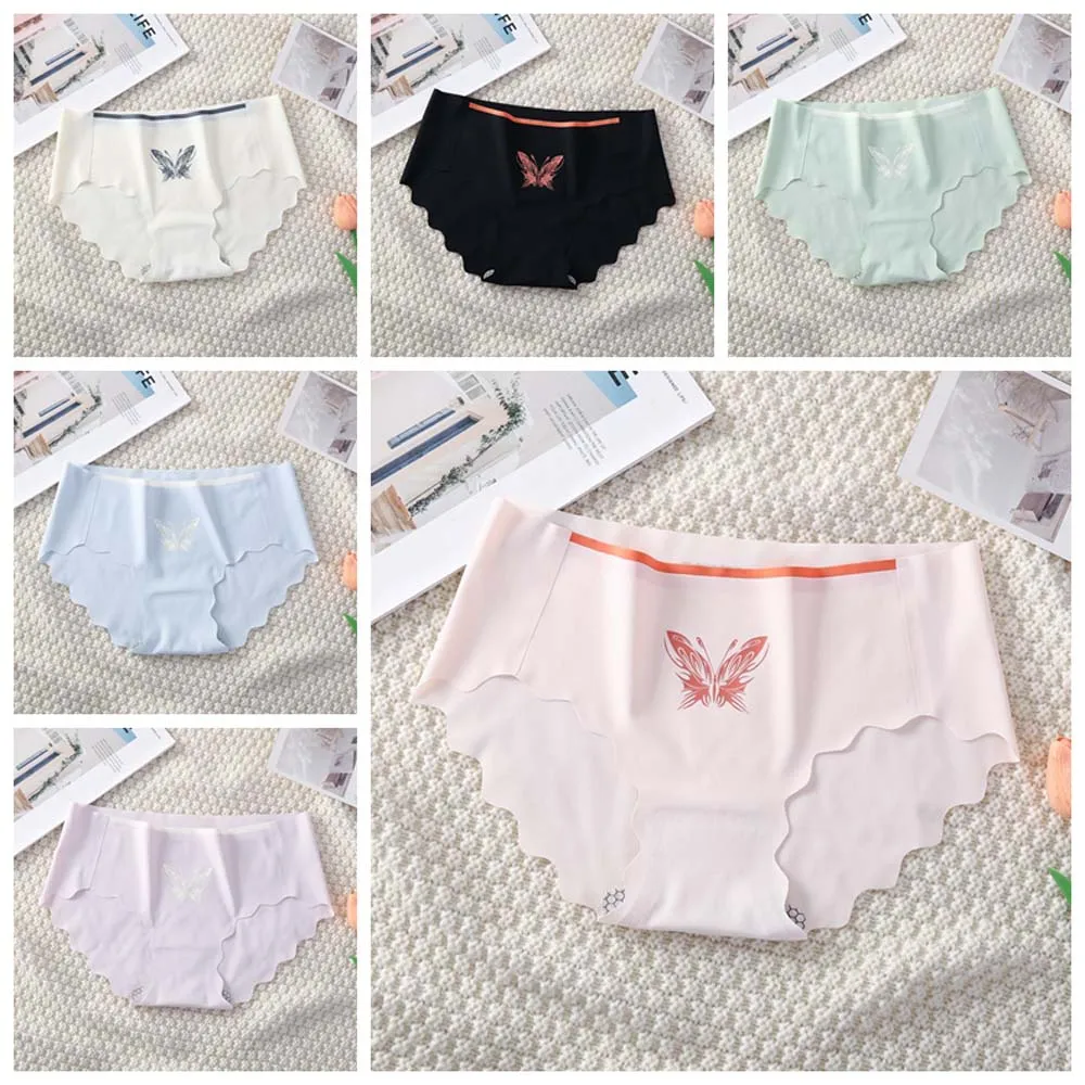 Butterfly Pattern Seamless Women Panties Solid Color Mid-waist Panties Seamless Underwear Triangle Pants Wave Edge