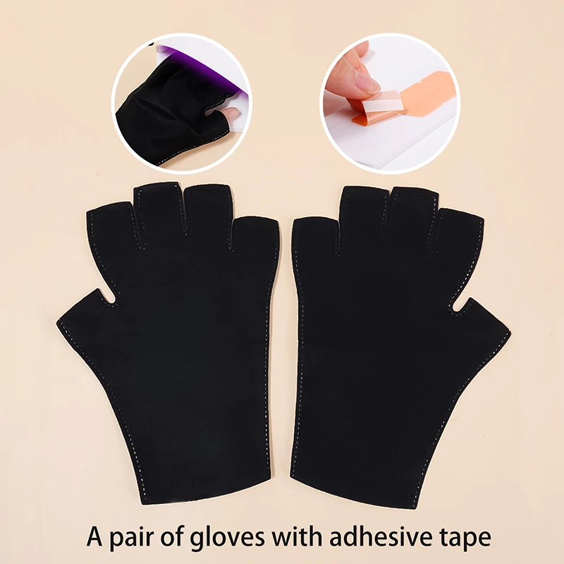 A Pair Nail Tools Anti-ultraviolet UV Gloves Sun Black Half Exposed Fingertips Phototherapy Gloves Short Section Wth Tape