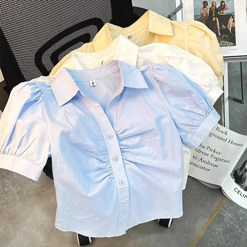 

Женский топ с пышными рукавами, летняя новинка, молодежный дизайн, корейская версия, приталенный крой, полиэстер