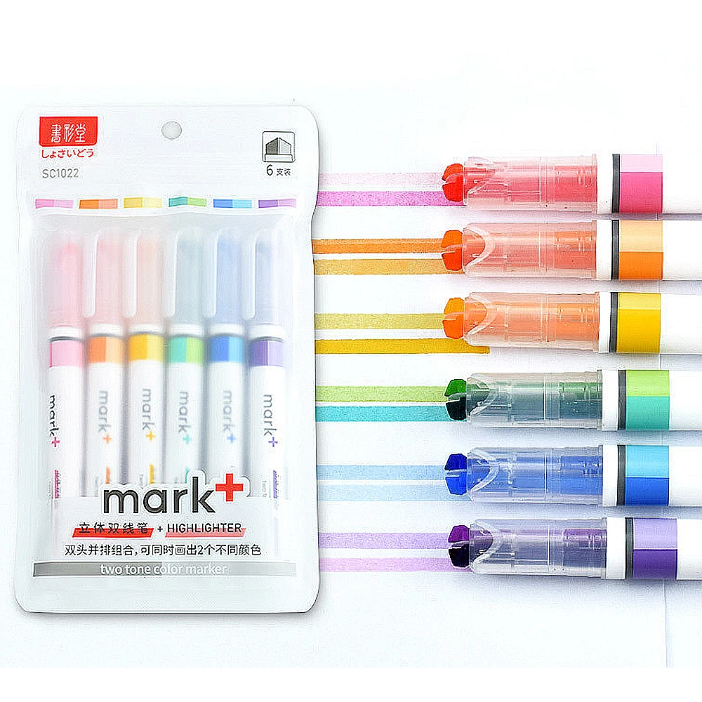 MARK+ Double Line Highlighter Pen Set Pastel Fluo School Textmarker Cute Destacadores Stationery Felt-tip Kawaii Highlighters