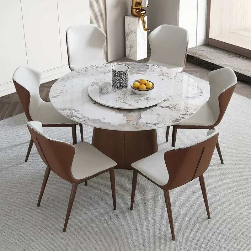 Italian Imported Bright Rock Slab Dining Table Simple Light Luxury High End Round Table with Turntable Household 10 Person