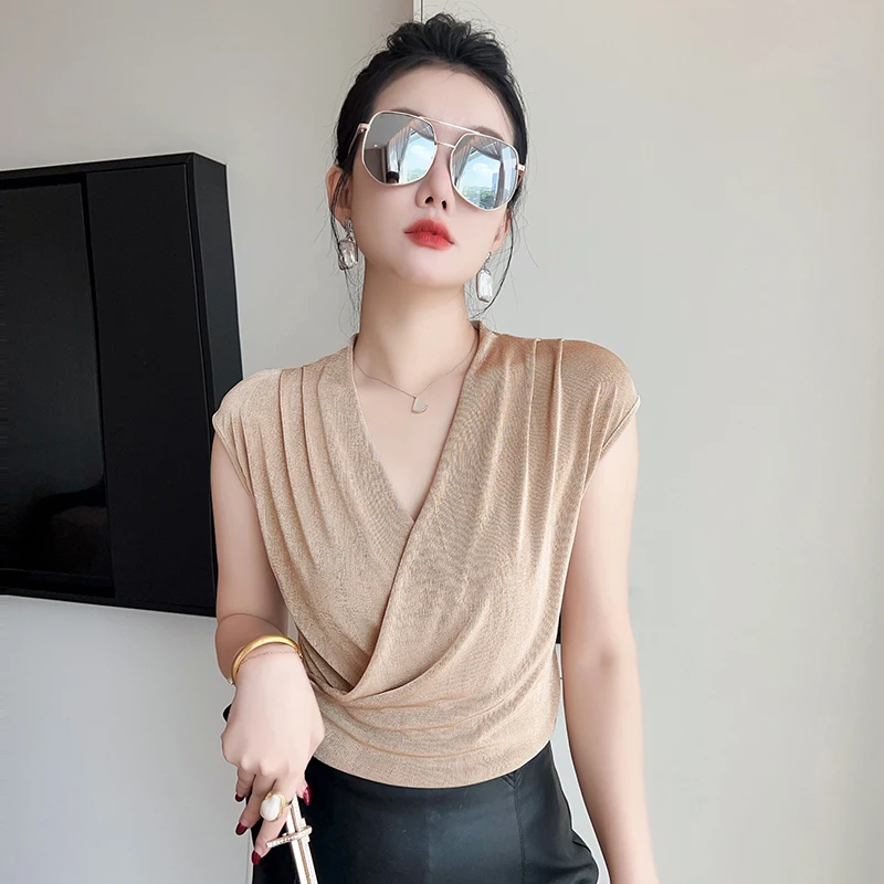 Summer,European,Clothes,Mesh,Thin,T-Shirt,Fashion,Sexy,Cross,V-Neck,Drape,Women,Tops,Sleeveless,Elastic,Hot,Tees,New,6813002