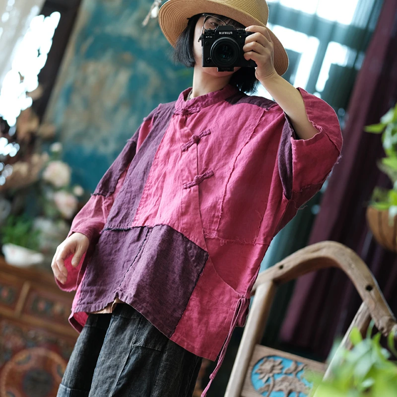 

Oversized Women Casual Linen Shirt New 2025 Spring Vintage Style Patchwork Color Loose Female Batwing Sleeve Tops Shirts M1392