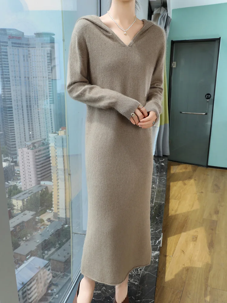 100%Pure Mink Cashmere Knitted Dress Ladies Hooded Collar Large Size Long Skirt Casual High Waist Hooded Skirts Autumn New Dress