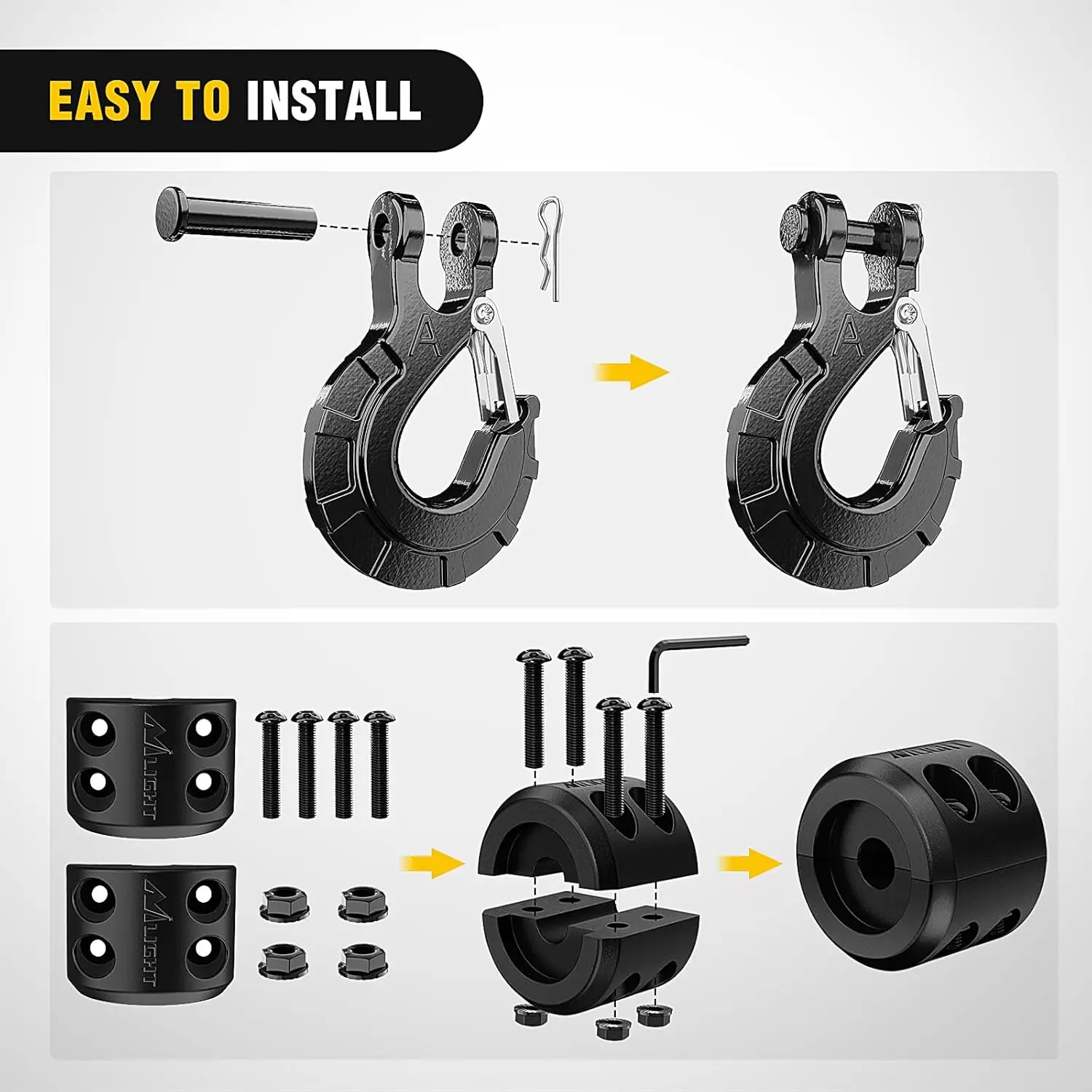 

3/8" Grade 70 Winch Cable Hook Set with Safety Latch Clevis Slip Hook And Allen Wrench Included Black Max Load 35000 Lbs