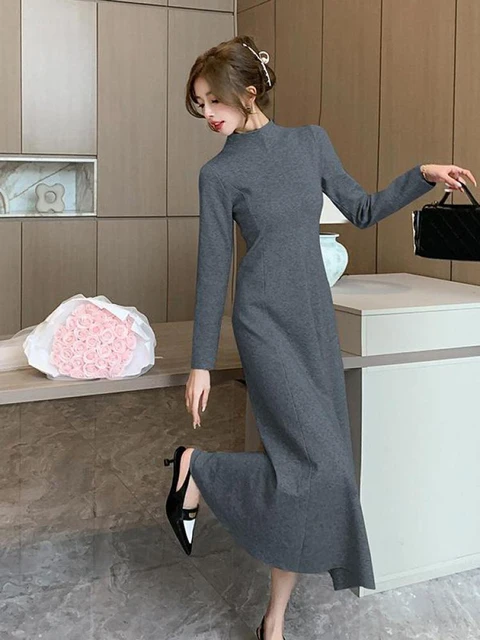 Solid Knitted Sweater Dresses For Women Party Clothing Half Turtleneck Autumn Winter 2023 A line Warm Long Dress Vintage Casual AliExpress