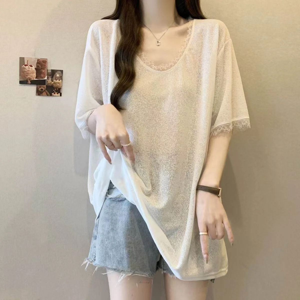 Summer New Style Thin Lace V-Neck Short Sleeve T-Shirt Women's Loose Fit plus Size Casual Fashion Top Breathable Casual Wear