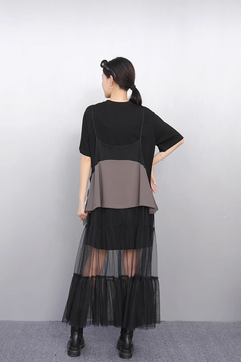 2025 여름 패션 우아한 느슨한 인쇄 메쉬 긴 드레스 여성 짧은 소매 티셔츠 드레스 숙녀 도매 J1120