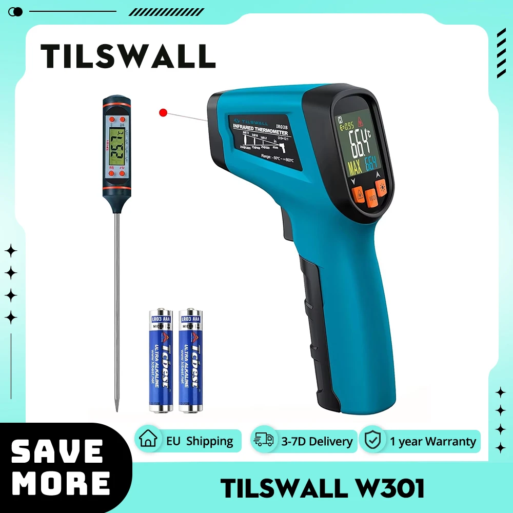 Tilswall W301 Infrared Thermometer, with Probe, Non-Contact, Digital Display Free Meat Thermometer, -50~600°C (-58°F to 1112°F)