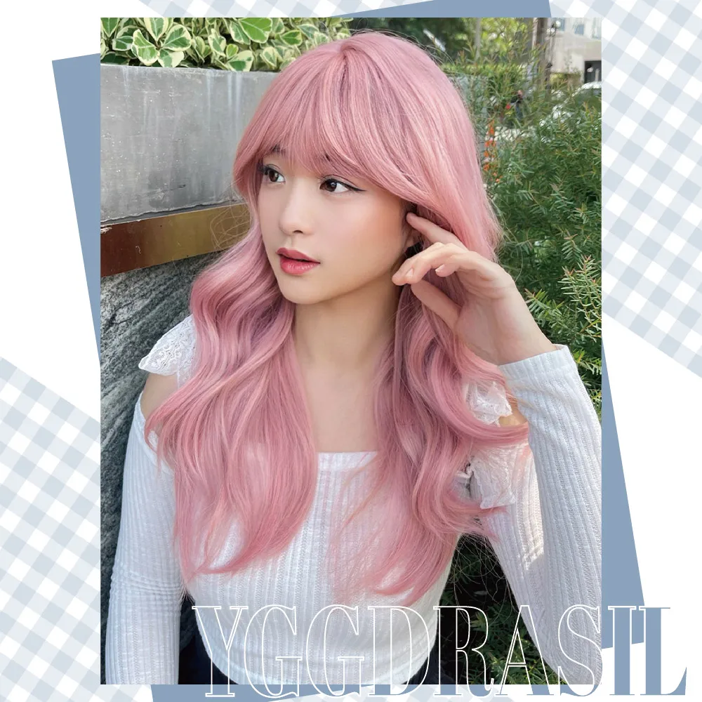 20 بوصة Kawaii نمط ساكورا الوردي بيروكات صناعية مع الانفجارات متوسطة شعر مستعار طبيعي متموج للنساء الاستخدام اليومي حفلة مقاومة للحرارة #5