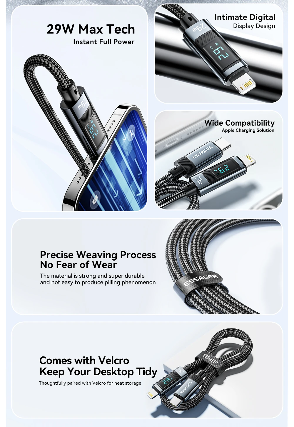 Essager USB Type C Cable for iPhone 14 13 12 11 Pro Max PD 29W Fast Charging Wire for iPhone Charger Cable Digital Display Cable
