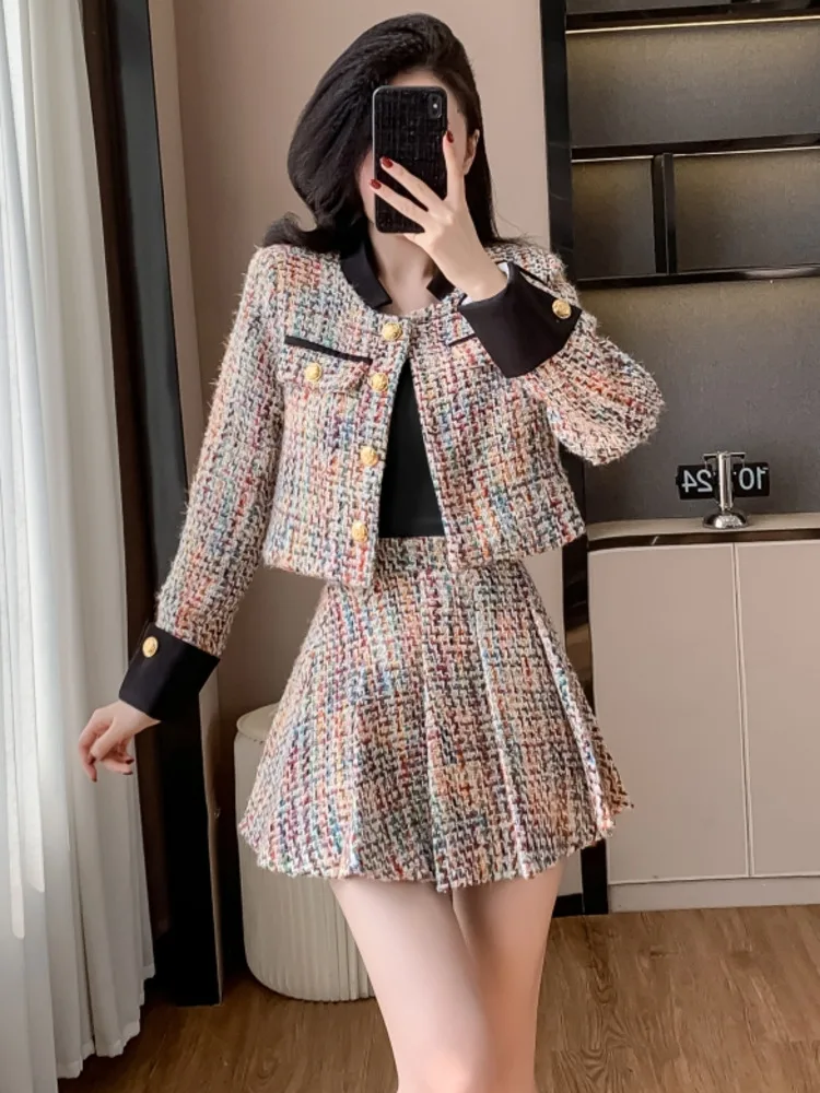 2024 Autumn Winter New Small Fragrant Fashion Set Women French Vintage Tweed Jacket Coat Rainbow Pleated Skirt Two Piece Sets