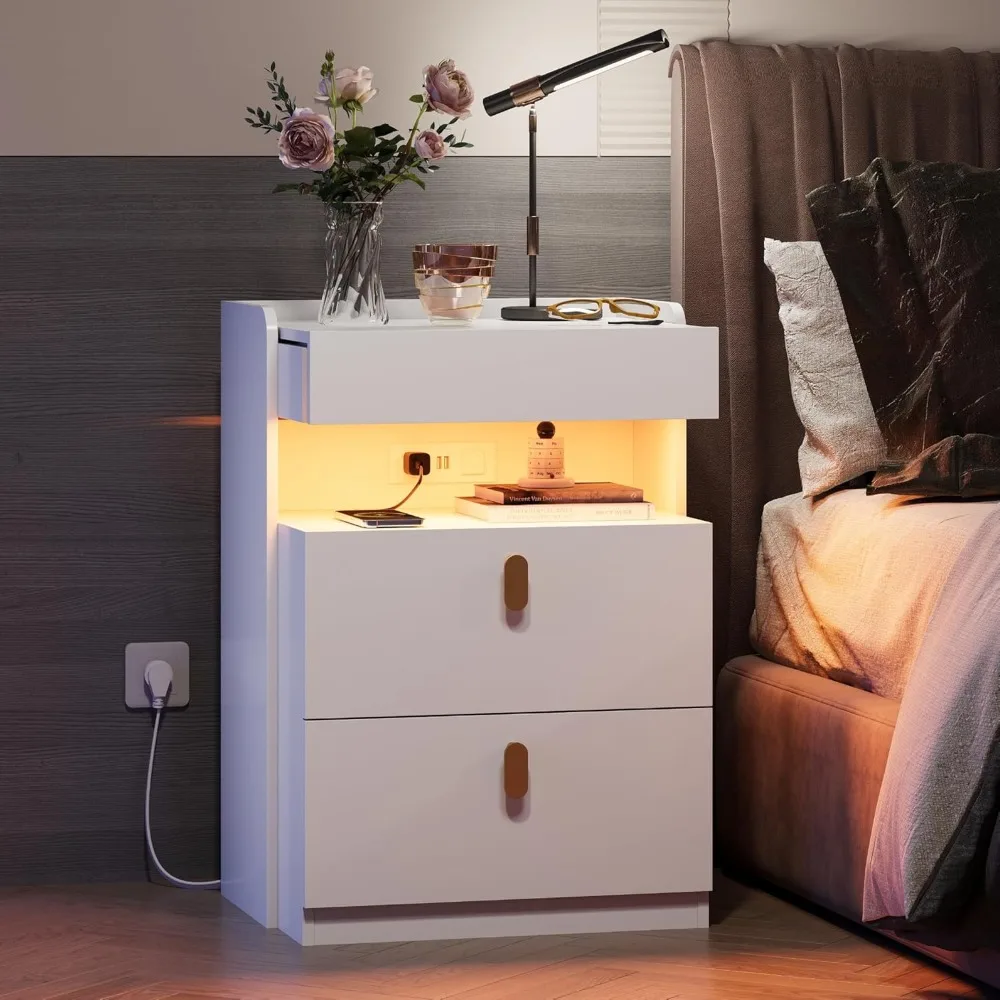 

White Nighstand with Charging Station and LED Lights, Night Stand with Sliding Top, Modern Bedside Table with 2 Drawers, E