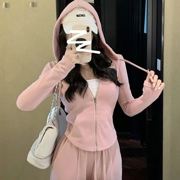 Spring Autumn Pink Hoodie+Sports Pants Set Korean Fashion Sports Clothing Zipper Hooded Sports Shirt and Sports Pants Set Y2k