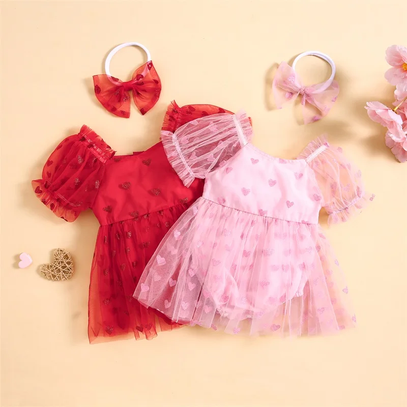 

0-18M Cute Infant Baby Girls Romper Heart Print Short Sleeve Mesh Tulle Romper Dress with Cute Headband 2pcs Set Summer Clothes