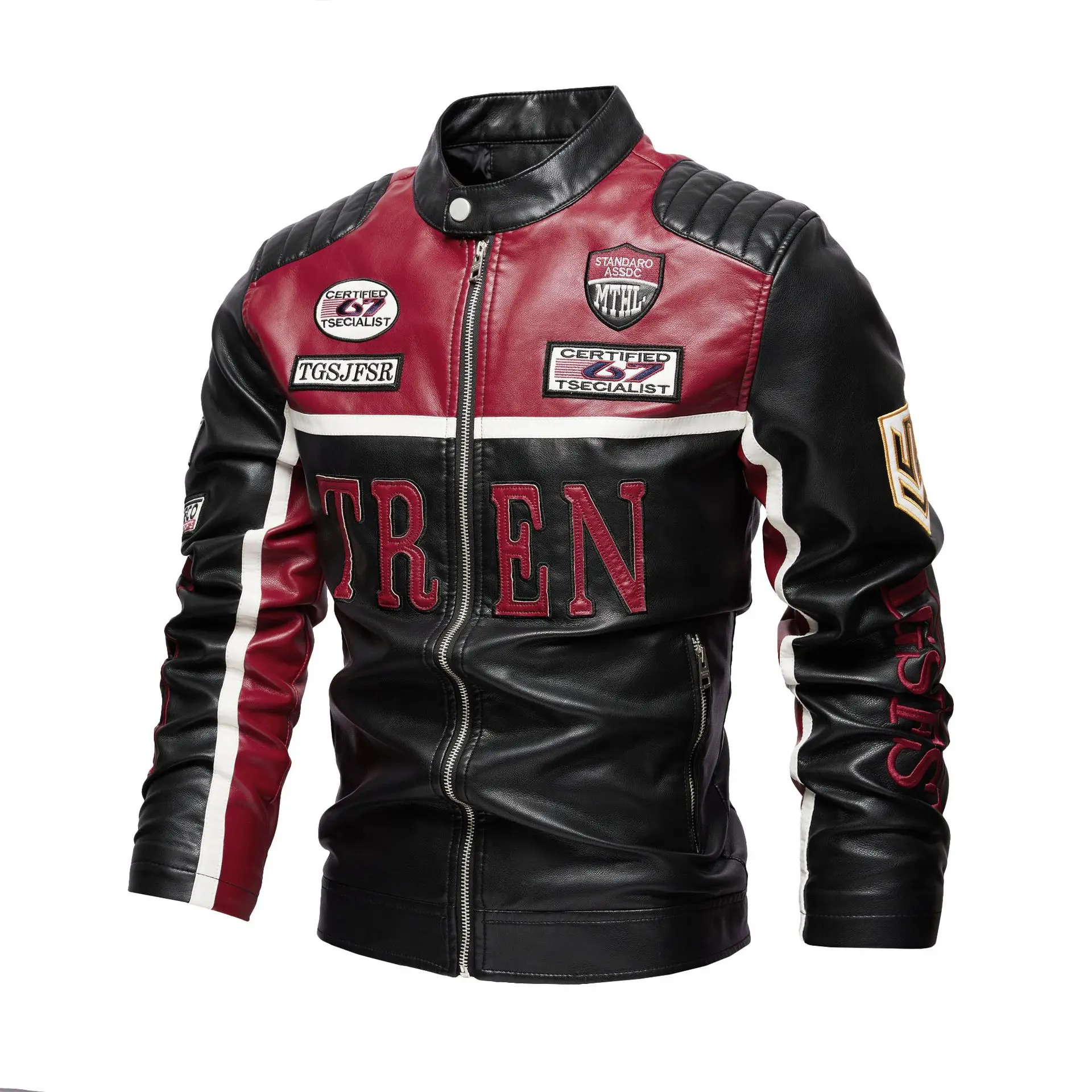 Autumn Men Leather Coat Fashion Streetwear Letter Embroidery Contrast Color Male Outerwear Stand Collar Long Sleeve Man Jacket