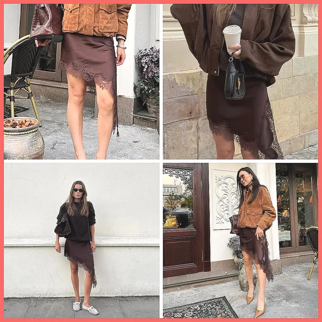 

Elegant Women's Midi Skirt with Lace Patchwork, Solid Color Irregular Hem for Daily Wear & Party